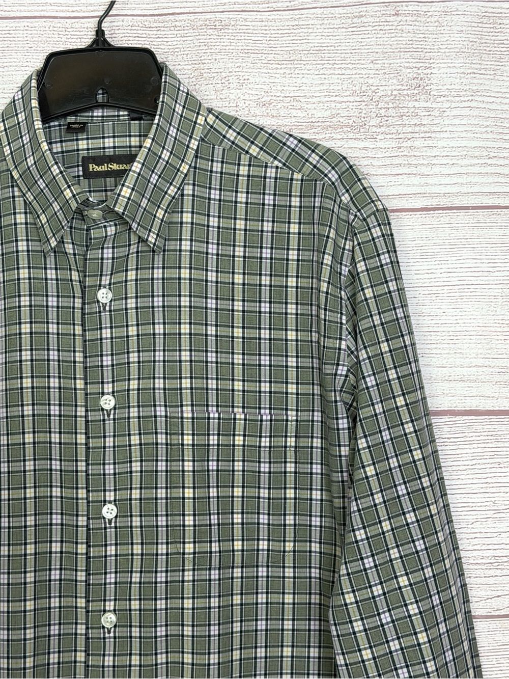 Paul Stuart Olive Green Plaid Cotton Button Up Shirt Made in Italy Mens L